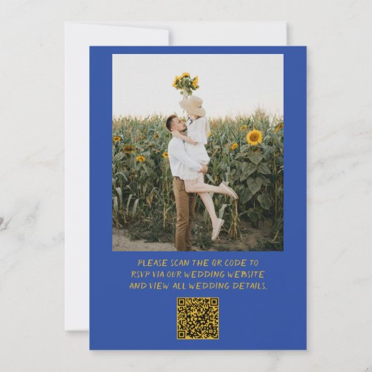 Blue Yellow Hand Written Photo QR Code Wedding Kaart (Achterkant)