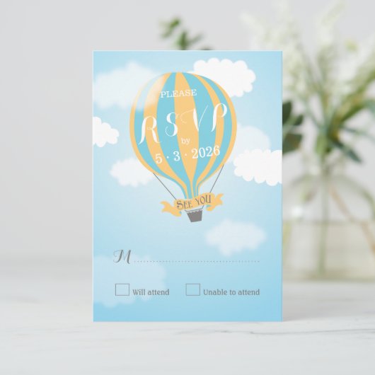Blue Yellow Hot Air Ballon Baby shower RSVP-kaart RSVP Kaartje (Staand voorkant)