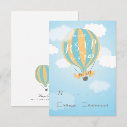 Blue Yellow Hot Air Ballon Baby shower RSVP-kaart RSVP Kaartje (Voorkant / Achterkant)