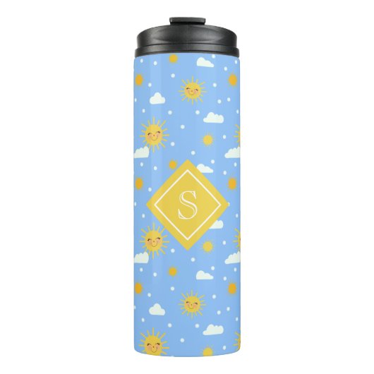 Blue Yellow Kawaii Sunshine Cloud Monogram Thermosbeker (Voorkant)