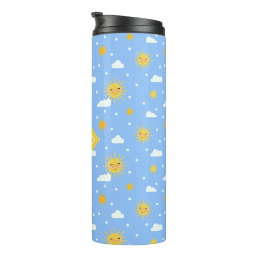 Blue Yellow Kawaii Sunshine Cloud Monogram Thermosbeker (Geroteerd rechts)