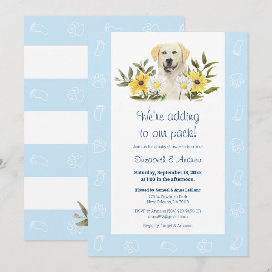Blue Yellow Labrador Dog Baby shower Uitnodiging (Voorkant / Achterkant)