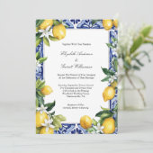 Blue Yellow Lemon Mediterranean Tile Wedding Kaart (Staand voorkant)