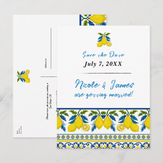 Blue Yellow Lemon Waterverf Mediterrane bruiloft Aankondigingskaart (Voorkant / Achterkant)