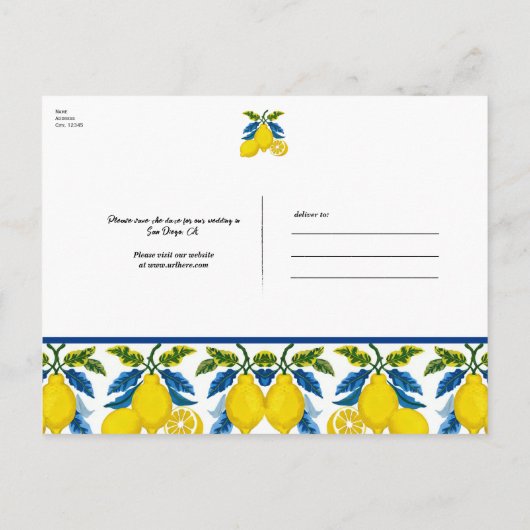 Blue Yellow Lemon Waterverf Mediterrane bruiloft Aankondigingskaart (Achterkant)