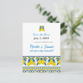 Blue Yellow Lemon Waterverf Mediterrane bruiloft Aankondigingskaart (Staand voorkant)