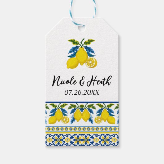 Blue Yellow Lemon Waterverf Mediterrane bruiloft Cadeaulabel (Voorkant)