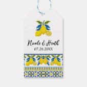 Blue Yellow Lemon Waterverf Mediterrane bruiloft Cadeaulabel (Achterkant)