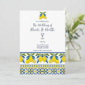 Blue Yellow Lemon Waterverf Mediterrane bruiloft Kaart (Staand voorkant)