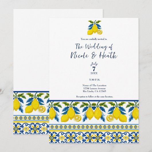 Blue Yellow Lemon Waterverf Mediterrane bruiloft Kaart (Voorkant / Achterkant)
