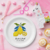 Blue Yellow Lemon Waterverf Mediterrane bruiloft Papieren Bordje (Feest)