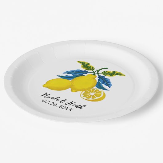 Blue Yellow Lemon Waterverf Mediterrane bruiloft Papieren Bordje (Gekanteld)