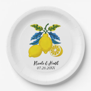 Blue Yellow Lemon Waterverf Mediterrane bruiloft Papieren Bordje