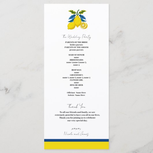 Blue Yellow Lemon Waterverf Mediterrane bruiloft Programmakaart (Achterkant)