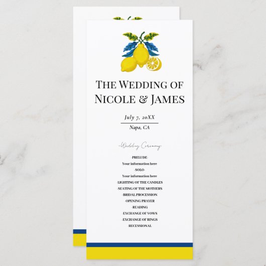 Blue Yellow Lemon Waterverf Mediterrane bruiloft Programmakaart (Voorkant / Achterkant)