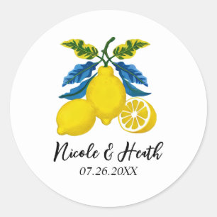 Blue Yellow Lemon Waterverf Mediterrane bruiloft Ronde Sticker