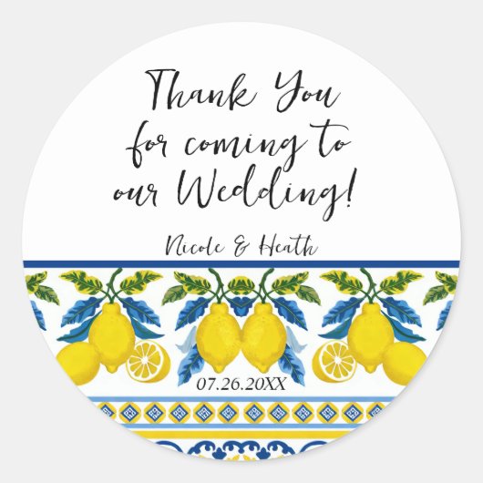 Blue Yellow Lemon Waterverf Mediterrane bruiloft Ronde Sticker (Voorkant)