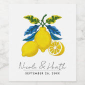Blue Yellow Lemon Waterverf Mediterrane bruiloft Wijn Etiket (Enkel label)
