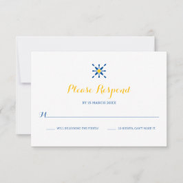 Blue Yellow Mediterranean Tegel Icon Wedding RSVP Kaartje