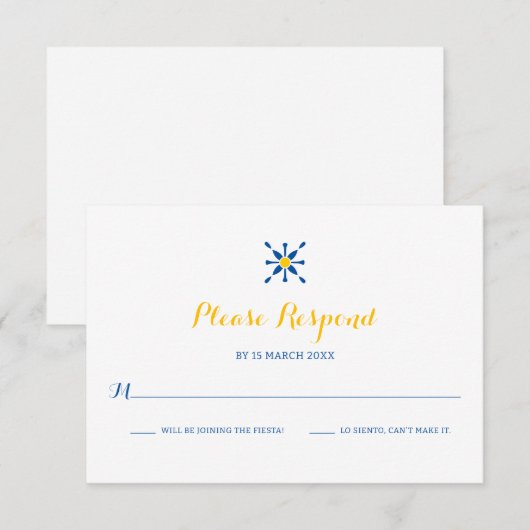Blue Yellow Mediterranean Tegel Icon Wedding RSVP Kaartje (Voorkant / Achterkant)