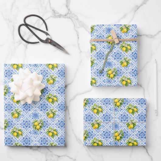 Blue Yellow Mediterranean Tile Lemons Italian Inpakpapier Vel (Voorkant)
