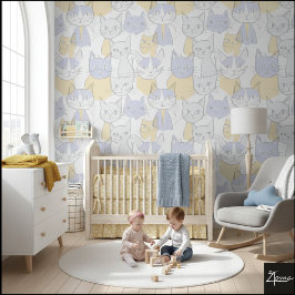 Blue Yellow Mid-Century Abstract Cat Pattern Behang