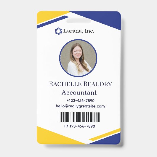 Blue & Yellow Modern Business ID Card Badge (Voorzijde)