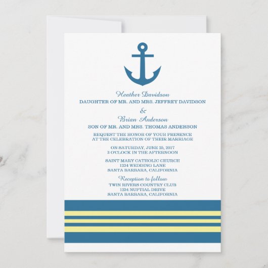 Blue Yellow Nautical Anchor Wedding Invite Kaart (Voorkant)