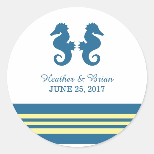 Blue Yellow Nautical Seahorse Weddenkers Ronde Sticker (Voorkant)