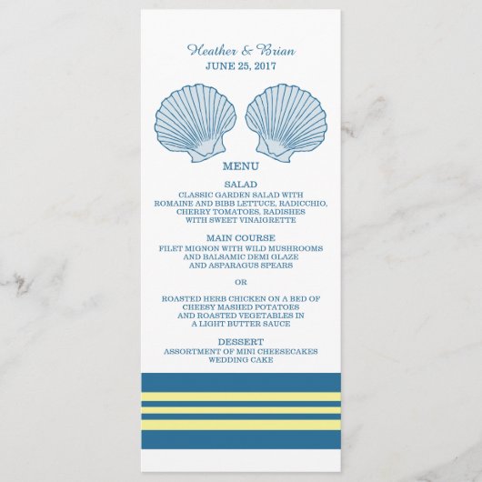 Blue Yellow Nautical Seashells Weddenschap Menu (Voorkant)