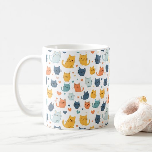 Blue Yellow Orange Kawaii Cat Pattern Cat Lover Koffiemok (Met donut)