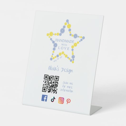 Blue & Yellow Original Buttons Star Handmade Love  Reclamebord Met Voetstuk (Voorkant)