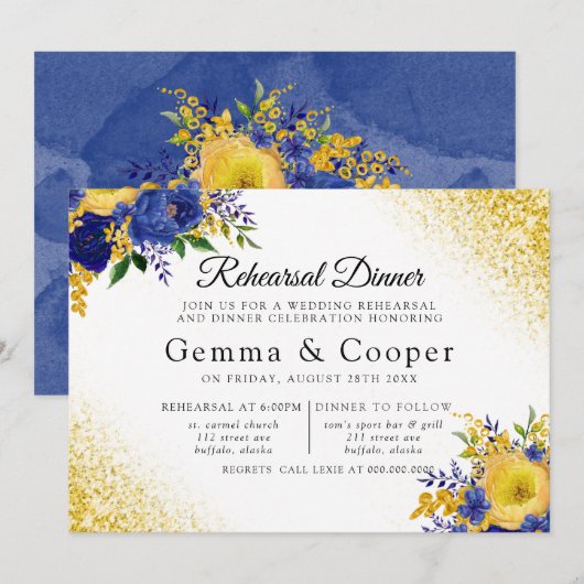 Blue Yellow Pained Floral Gold repesial Dinner Kaart (Voorkant / Achterkant)