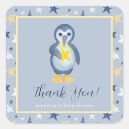 Blue Yellow Penguin Stars Baby shower Bedankt Vierkante Sticker