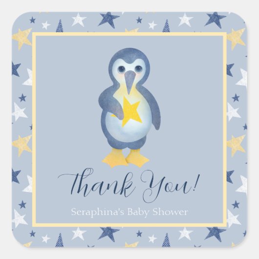 Blue Yellow Penguin Stars Baby shower Bedankt Vierkante Sticker (Voorkant)