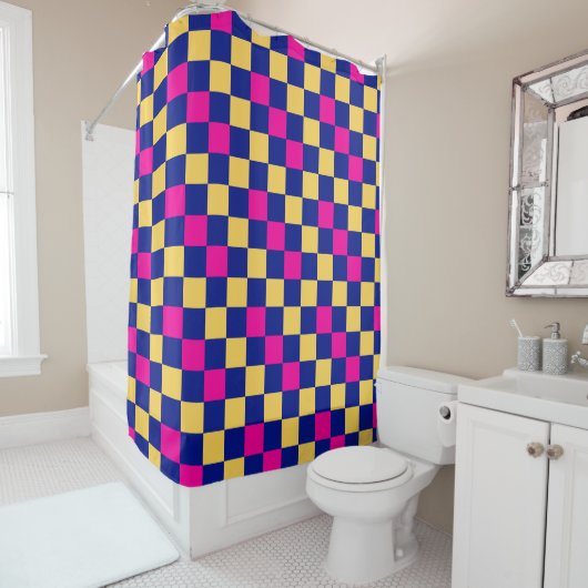 Blue Yellow Pink Checkered Pattern Design  Douchegordijn (In situ)