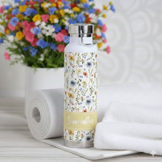 Blue Yellow Pink Floral Name Monogram Wildflower Waterfles