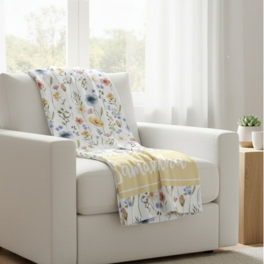 Blue Yellow Pink Watercolor Wildflower Name Fleece Deken