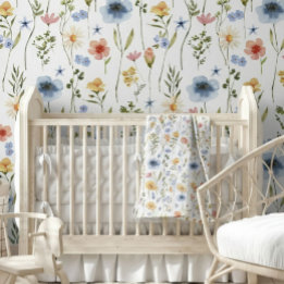 Blue Yellow Pink Wildflower Watercolor Behang