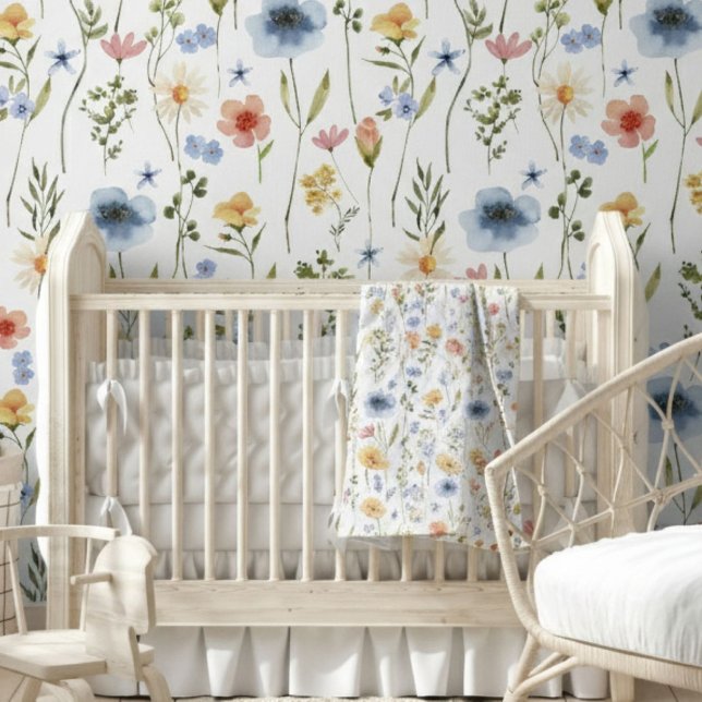 Blue Yellow Pink Wildflower Watercolor Behang (Creator heeft geüpload)