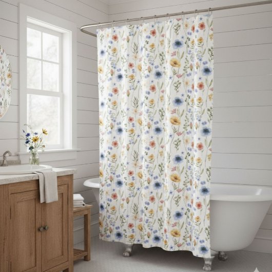 Blue Yellow Pink Wildflower Watercolor Douchegordijn