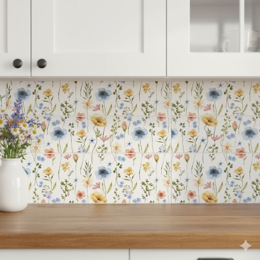 Blue Yellow Pink Wildflower Watercolor Tegeltje