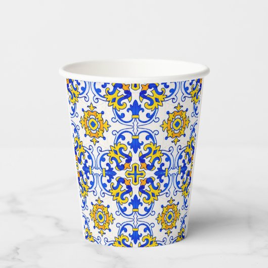 Blue Yellow Portugal Azulejo Seamless Pattern Papieren Bekers (Achterkant)
