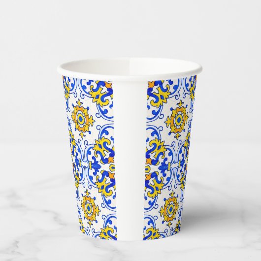 Blue Yellow Portugal Azulejo Seamless Pattern Papieren Bekers (Links)