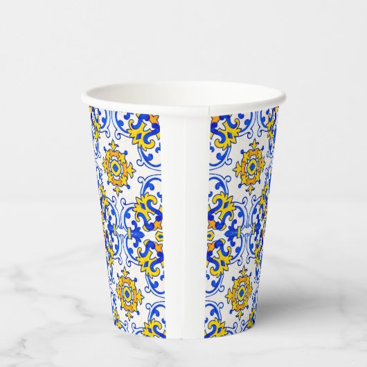 Blue Yellow Portugal Azulejo Seamless Pattern Papieren Bekers (Rechts)