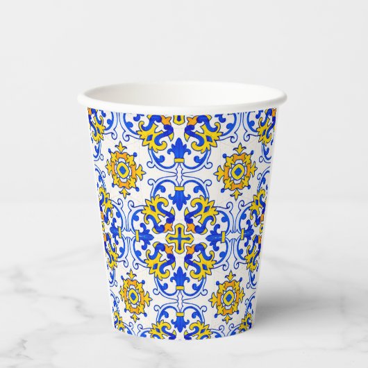 Blue Yellow Portugal Azulejo Seamless Pattern Papieren Bekers (Voorkant)