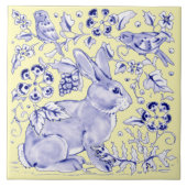 Blue Yellow Rabbit Bird Woodland Floral  Tegeltje (Voorkant)