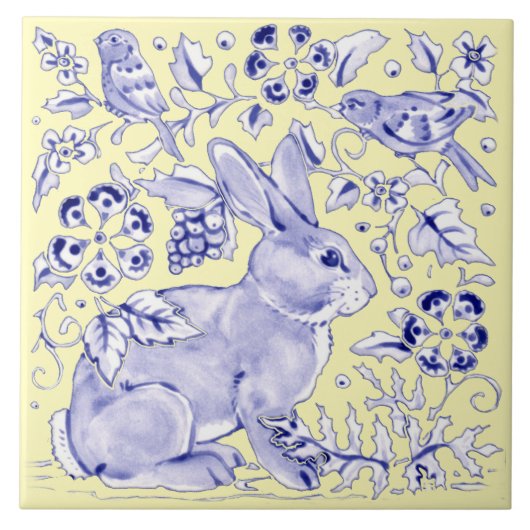 Blue Yellow Rabbit Bird Woodland Floral  Tegeltje (Voorkant)