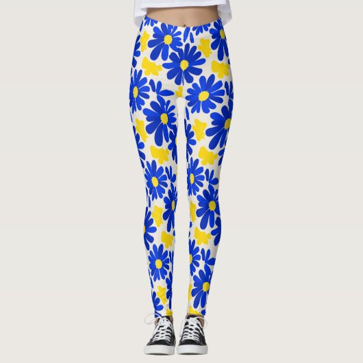 Blue & Yellow Retro Daisy Print Leggings (Voorkant)