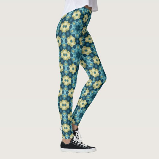 Blue & Yellow Retro Floral Pattern Leggings (Rechts)